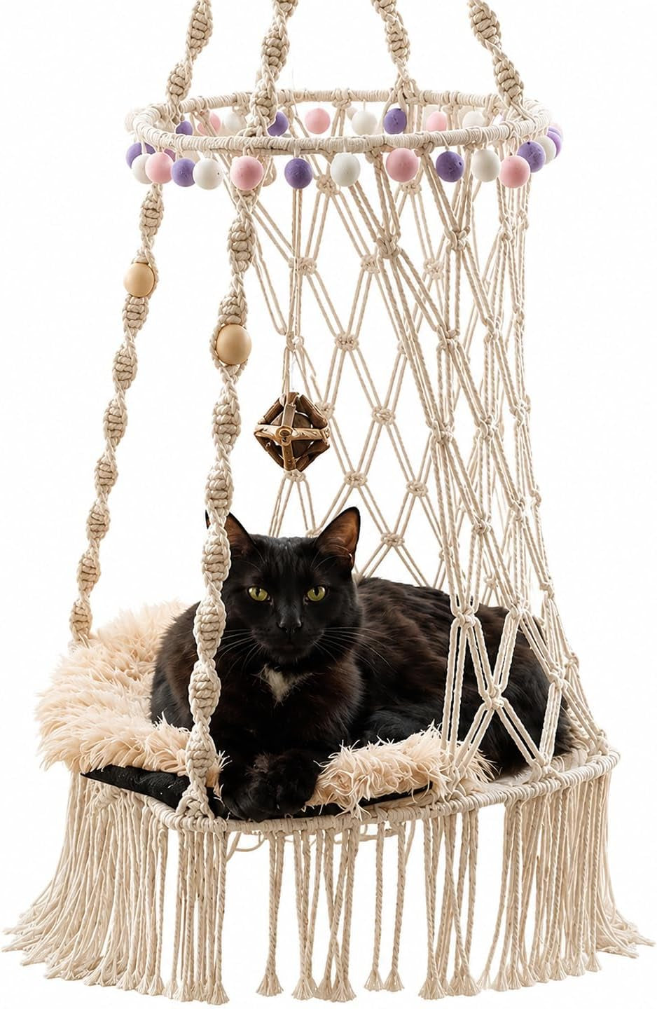 KARCEEY Cat Hammock Macrame Hanging Bed for Large Cats - 50Lbs Heavy Duty Cat Swing Wall Mounted Boho Window Perch - Hardware Kit Included
