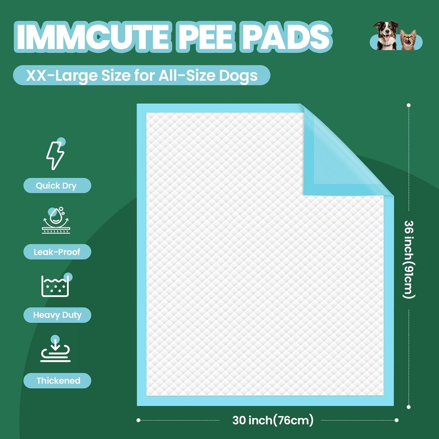 IMMCUTE 50 Pack Dog Pee Pads, 30"X36" Great Value Puppy Pads XL, Pee Pads for Dogs Cats Extra Large, Wee Wee Pads for Potty Training, Disposable Pet Pads Super Absorbent & Leak-Proof