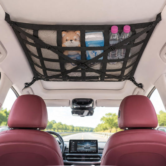 Car Ceiling Cargo Net, 35.4"X25.6" Double-Layer Overhead Roof Storage Organizer for SUV Truck Van, Camping Storage Mesh Net for Travel Road Trips, Van Life Essentials