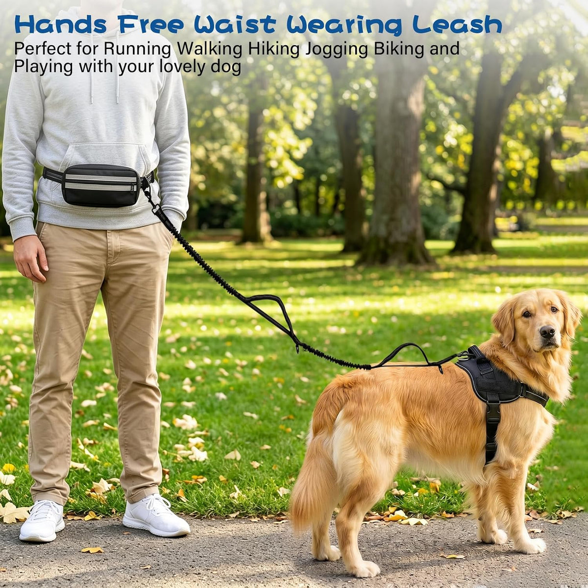 Uxisae Hands Free Dog Leash with Zipper Pouch Large Military Black