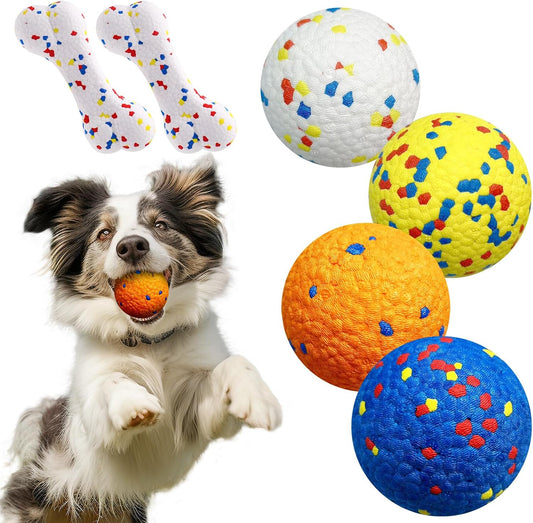 4 Pcs Large Size Dog Balls（With 2 Pcs 6.5" Dog Bones）, 3.15"Tennis Ball for Aggressive Chewers, Durable Bouncy Dog Toy Balls, Teething Cleaning Chew Toys, Water Toy Fetch Ball for Large Medium Dog