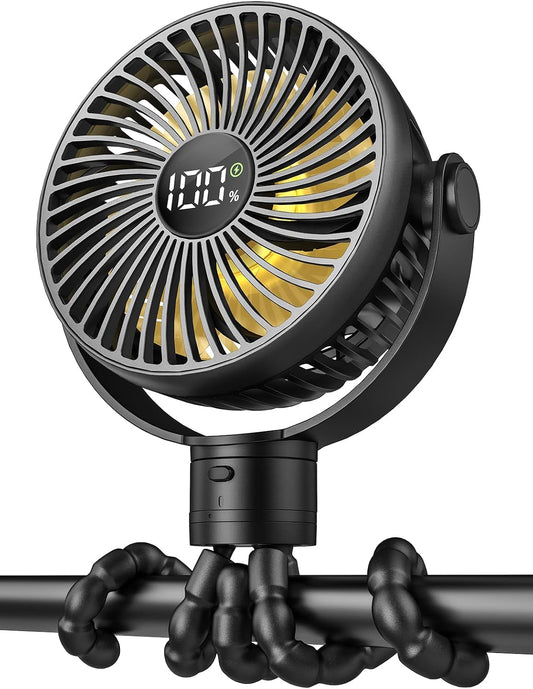 Coohea Portable Stroller Fan, 25H Long-Lasting, 4 Speed, Night Light, Black