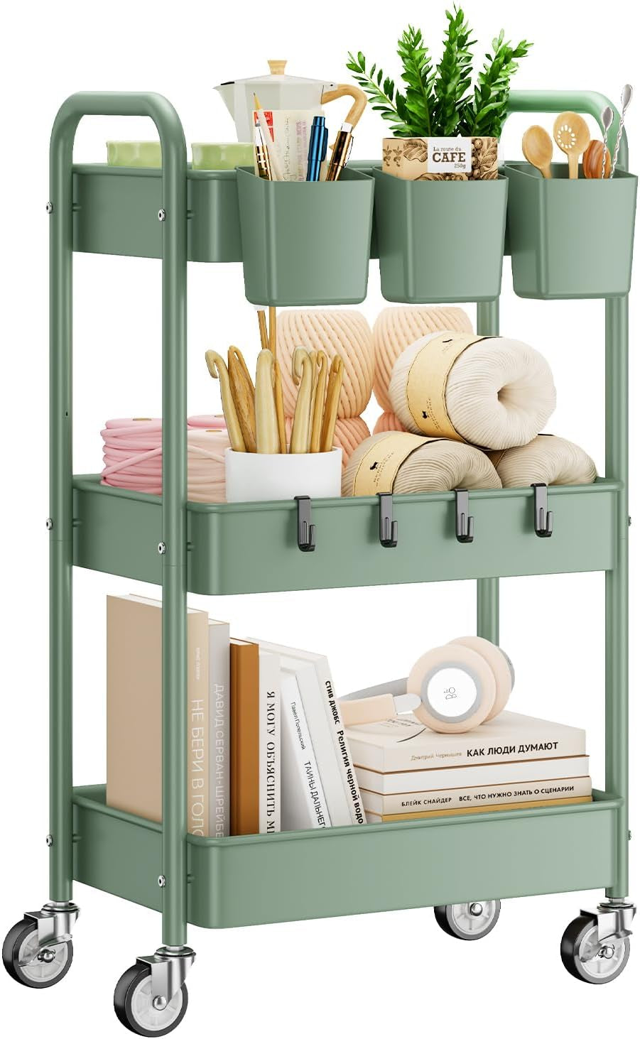YASONIC 3-Tier Rolling Cart, Green, 66 Pounds Capacity, Mesh Storage Organizer with Lockable Wheels, 3 Hanging Cups, 4 Hooks, Easy Assembly, for Kitchen, Bathroom, Laundry, Grocery