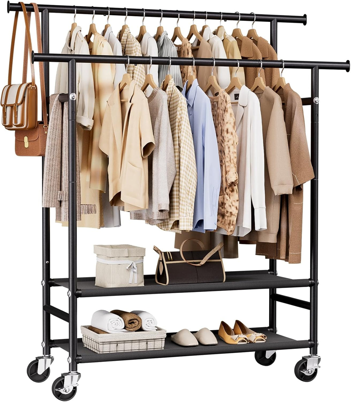 HYSEYY Clothes Rack,Double Rods Rolling Clothing Rack for Hanging Clothes,Portable Garment Rack with 2-Tier Storage Shelves,Free Standing Wardrobe Closet Coat Rack on Wheels for Bedroom,Laundry Room