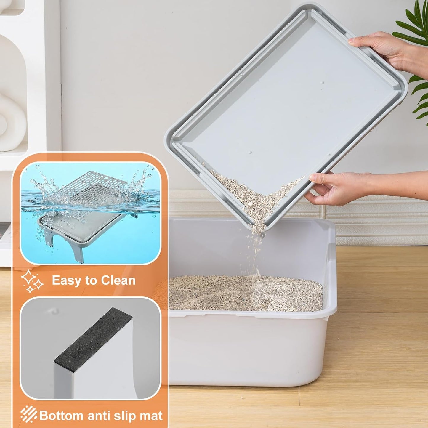 Uross Cat Litter Box Step, Extra Large Litter Box Ramp/Stairs with Detachable Splash-Proof Side Baffles, Anti-Tracking Litter Catcher, Easy to Clean, Non-Slip Step for Small & Elderly Cats (Grey)