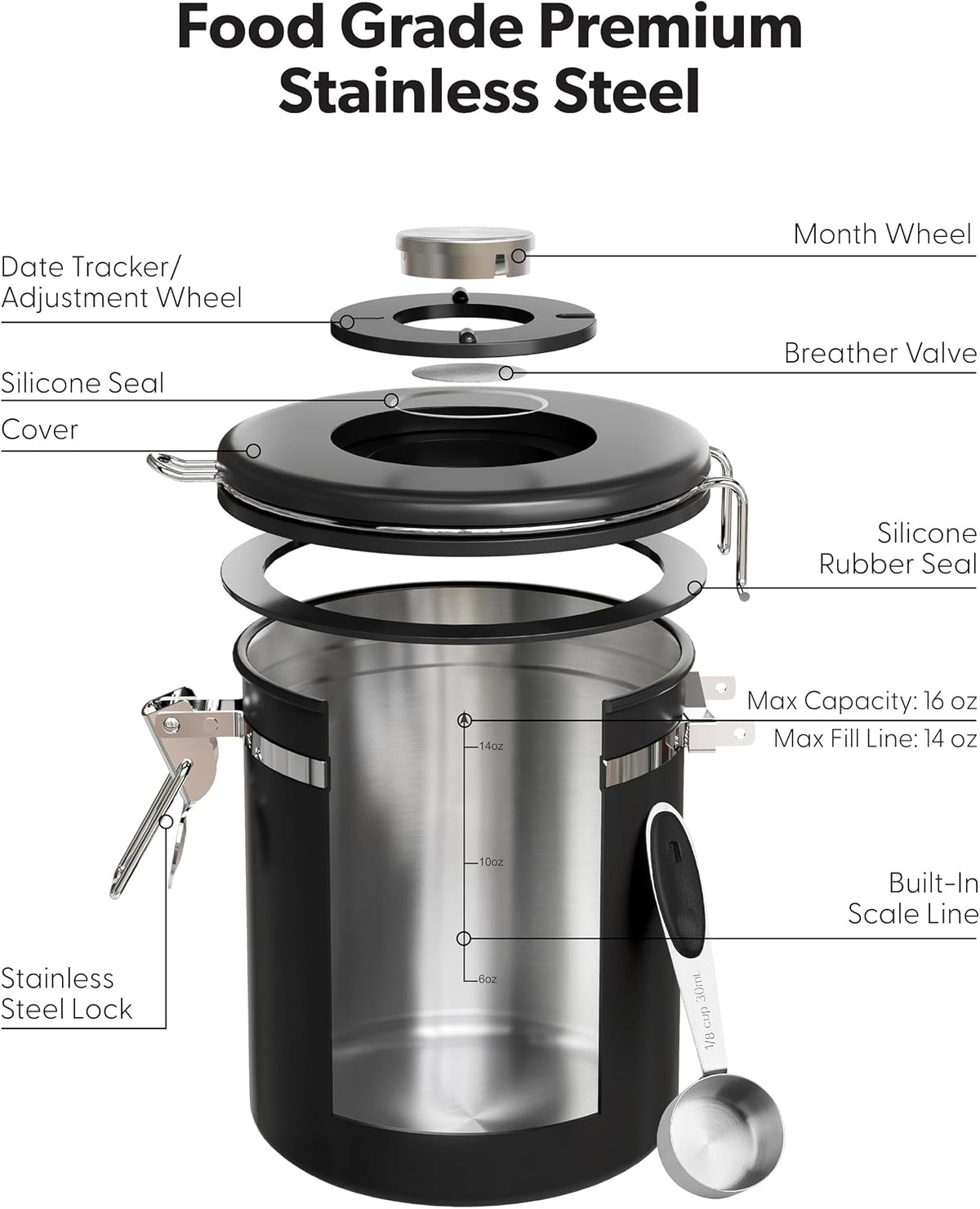 Veken Coffee Canister with Window,Airtight Stainless Steel Compact Jar,16Oz