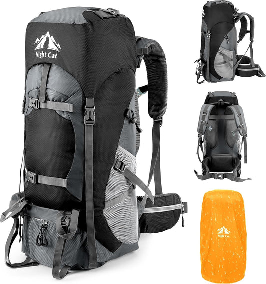 Night Cat Hiking Backpacks 70L Camping Backpacking Packs for Men Women Lightweight Outdoor for Mountaineering Traveling, No Internal Frame