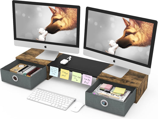 WESTREE Dual Monitor Stand Riser with Two Drawers, Extra Large Storage Monitor Stand for 2 Monitors, Desktop Organizer Stand Storage for Computer,Laptop,Screen,Printer,Tv