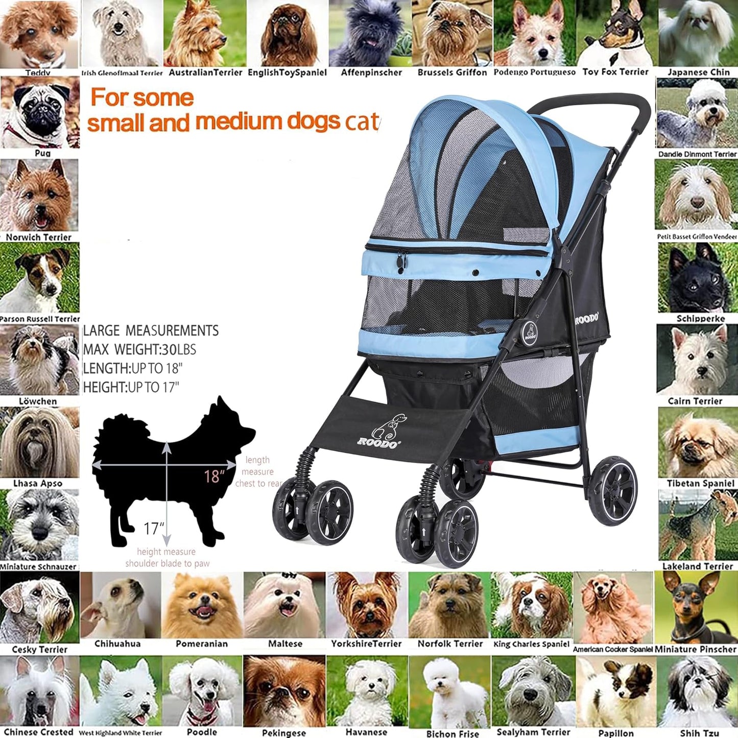 ROODO 4 Wheel Dog Cat Pet Stroller Best Lightweight Foldable Compact Portable Jogger All Terrain Travel Pet Gear Puppy Doggie Bunny Kitty Stroller for up to 30Lbs Medium Small Dogs Cats(Sky Blue)