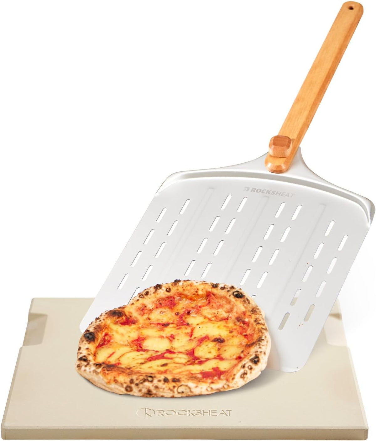 15X12 Inch Pizza Stone & 12 Inch Rotatable Pizza Peel Set, Baking Stone with Non-Stick Aluminum Peel, Spatula with Beech Wood Handle, Cordierite Bread Stone for Oven