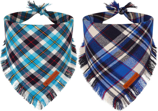 Blue Plaid Dog Bandana Boy, Cotton Dog Scarf with Fringe, Large