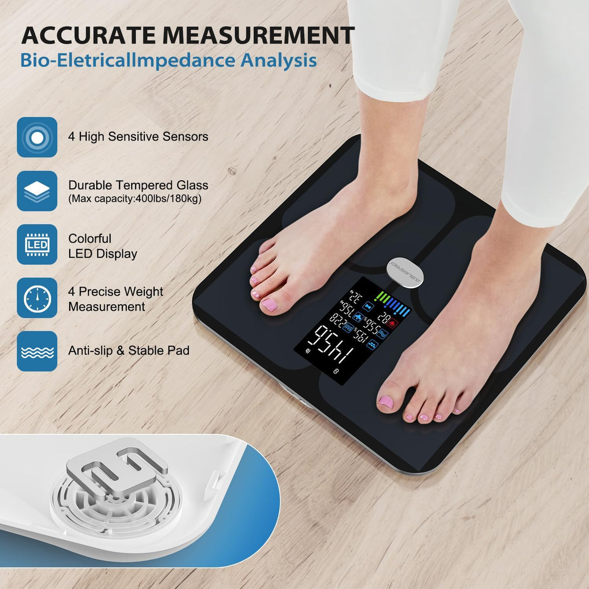 ABLEGRID Smart Bathroom Scale for Body Weight and Fat, Rechargeable