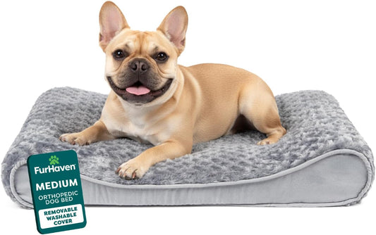 Orthopedic Dog Bed for Medium Dogs, Luxe Lounger Contour Mattress with Solid Orthopedic Foam Slab for Joint Support, Removable Washable Cover, Medium, Faux Fur & Suede, Gray