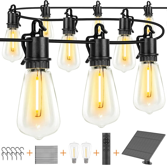 100FT Solar String Lights Ourdoor Waterproof,Patio Lights Solar Powered with Remote,St38 32 Vintage Edison Bulbs,Solar Lights Outdoor Waterproof, outside Powered Hanging Lights for Patio