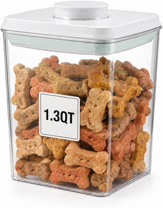 Pet Dog-Cat Pop-Treat Airtight Jar-Container - 1.3 Qt/1.2 L | Stackable One-Touch Opening | Airtight Dog and Cat Food Storage Container | Bpa-Free