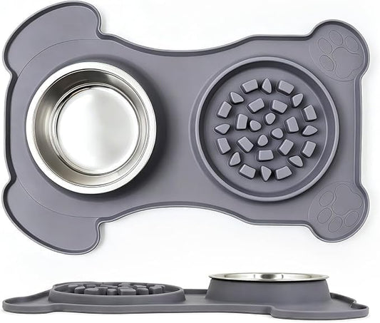 3-In-1 Slow Feeder Dog Bowls & Stainless Steel Water Bowl with Non-Spill Silicone Mat,Anti-Choking Puzzle Food Bowl for Fast Eaters, 2‑Cup to 3.5‑Cup Capacity, Medium to Large Dogs