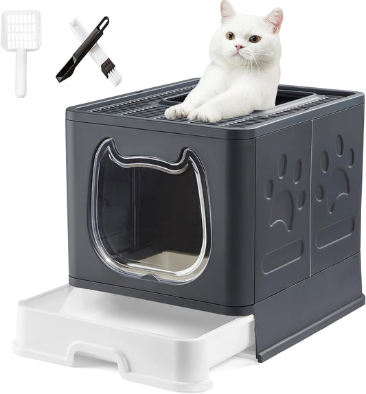 Litter Box with Lid for Small to Medium Cats, Enclosed Cat Litter Box with Cover，High Sided Top Entry Cat Box with Brush and Scoop, Cute Kitty Litter Pan with Drawer for Growing Kitten(Black)