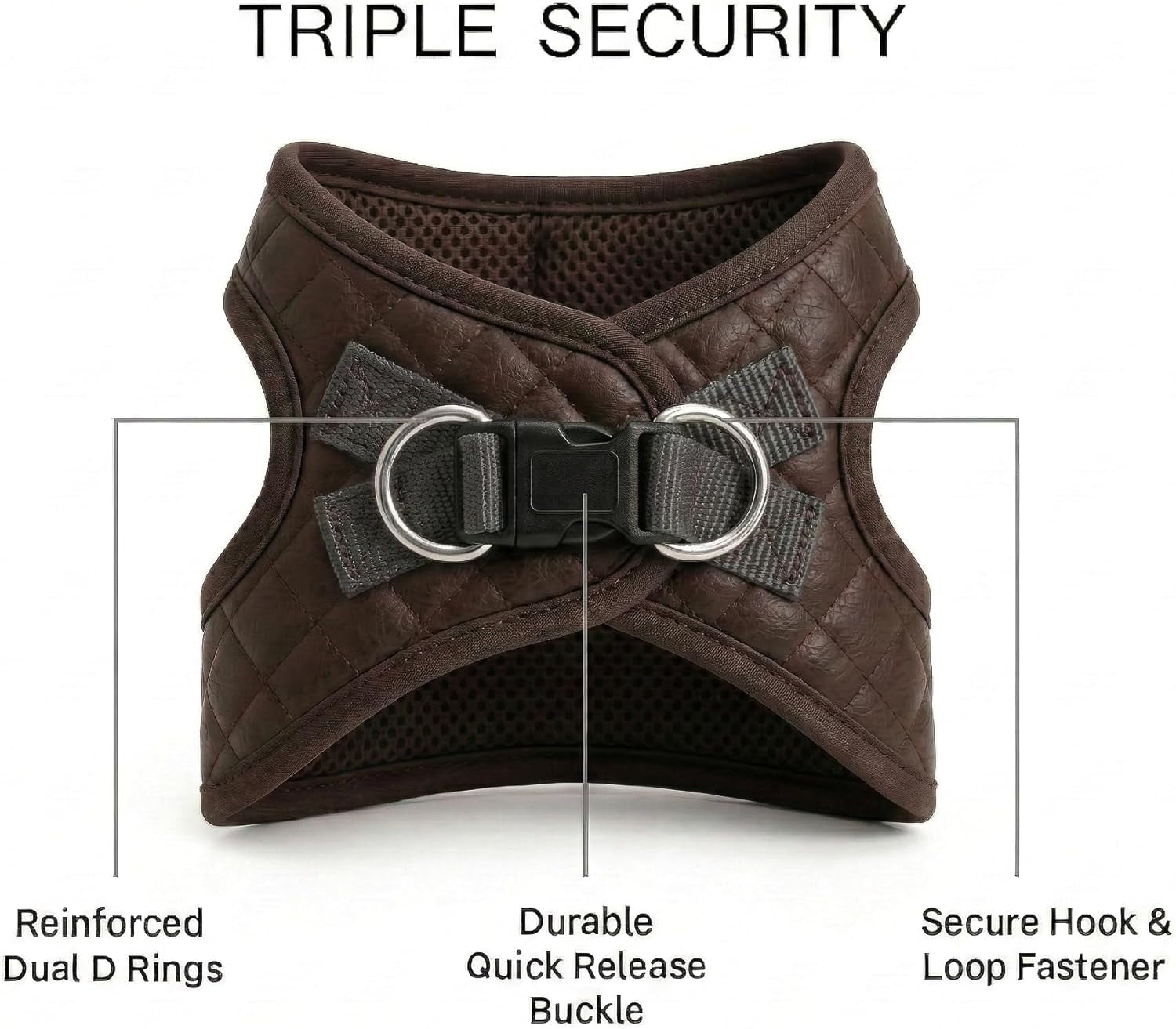 Step in Dog Cat Harness Choke Free Escape Proof Pet Vest Quilted Vegan Leather Breathable Mesh Padded for Small Medium Dogs (Chocolate Brown, Large)