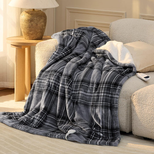 Bedsure Grey Plaid Heated Throw Blanket, Flannel Sherpa Electric Blanket