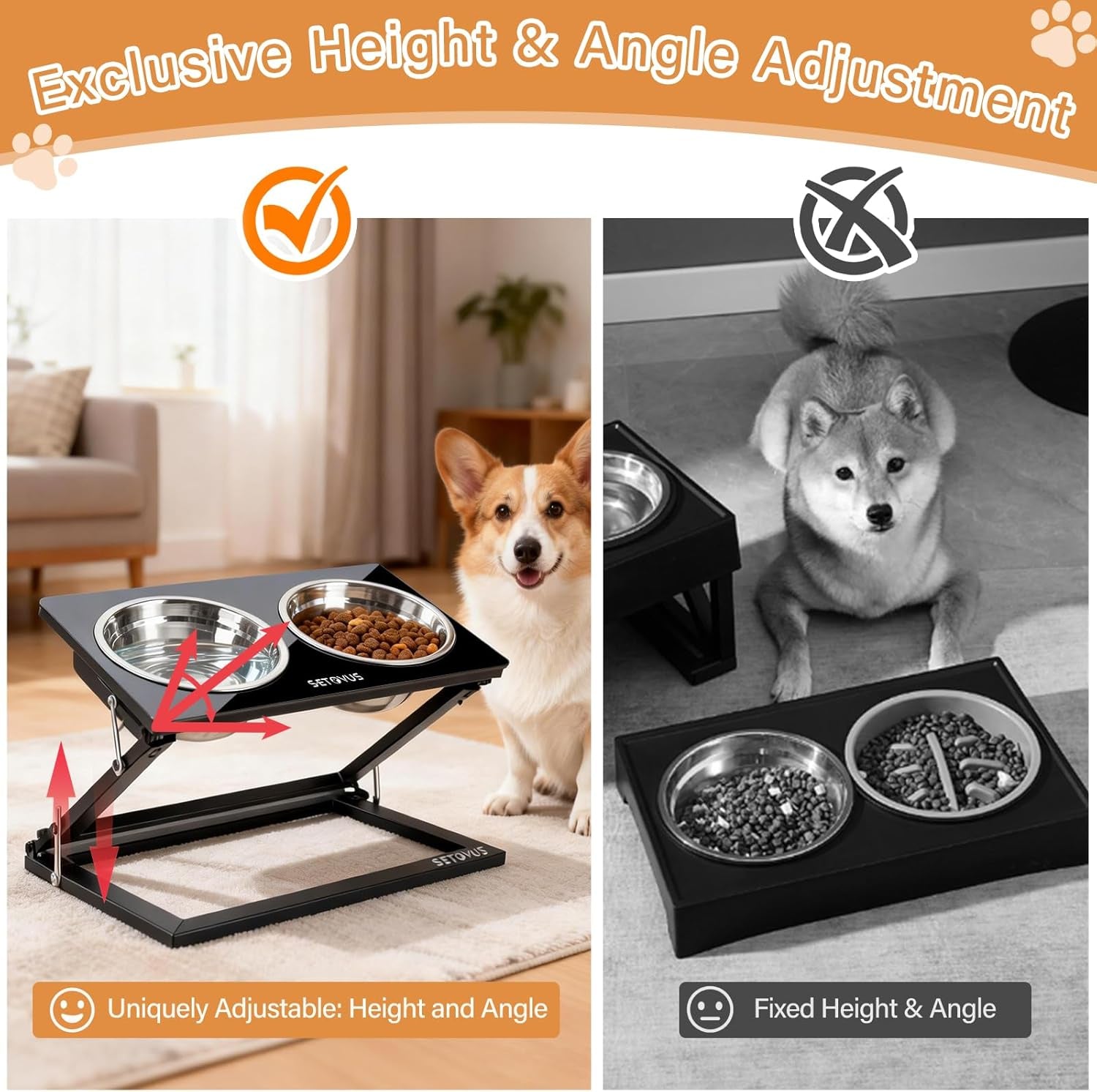 Elevated Dog Bowls, Adjustable Raised Dog Bowl Stand with 2 Stainless Steel Food Bowls 20°Tilted Water Bowls for Small Sized Dogs and Cats (Black, Small)