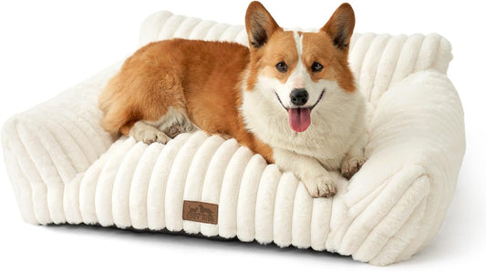 COZY KISS Cute Cat Couch, Fluffy Sofa Bed for Cats and Small Dogs, Premium Faux Rabbit Fur Cats Beds for Indoor Cat, Ultra-Soft Supportive Pet Couch Furniture (Cream, M: 31.5''X23.5'')