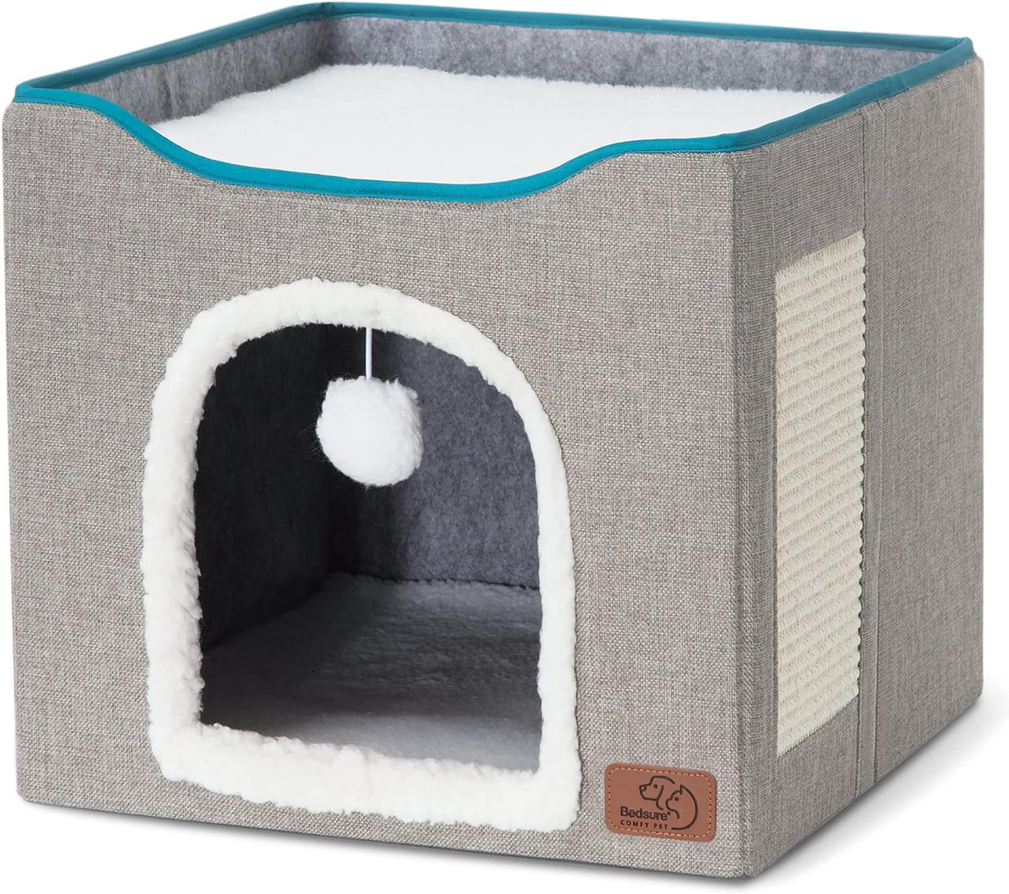 Bedsure Cat Beds for Indoor Cats - Large Cat Cave for Pet Cat House with Fluffy Ball Hanging and Scratch Pad, Foldable Cat Hideaway, 16.5X16.5X13 Inches, Grey