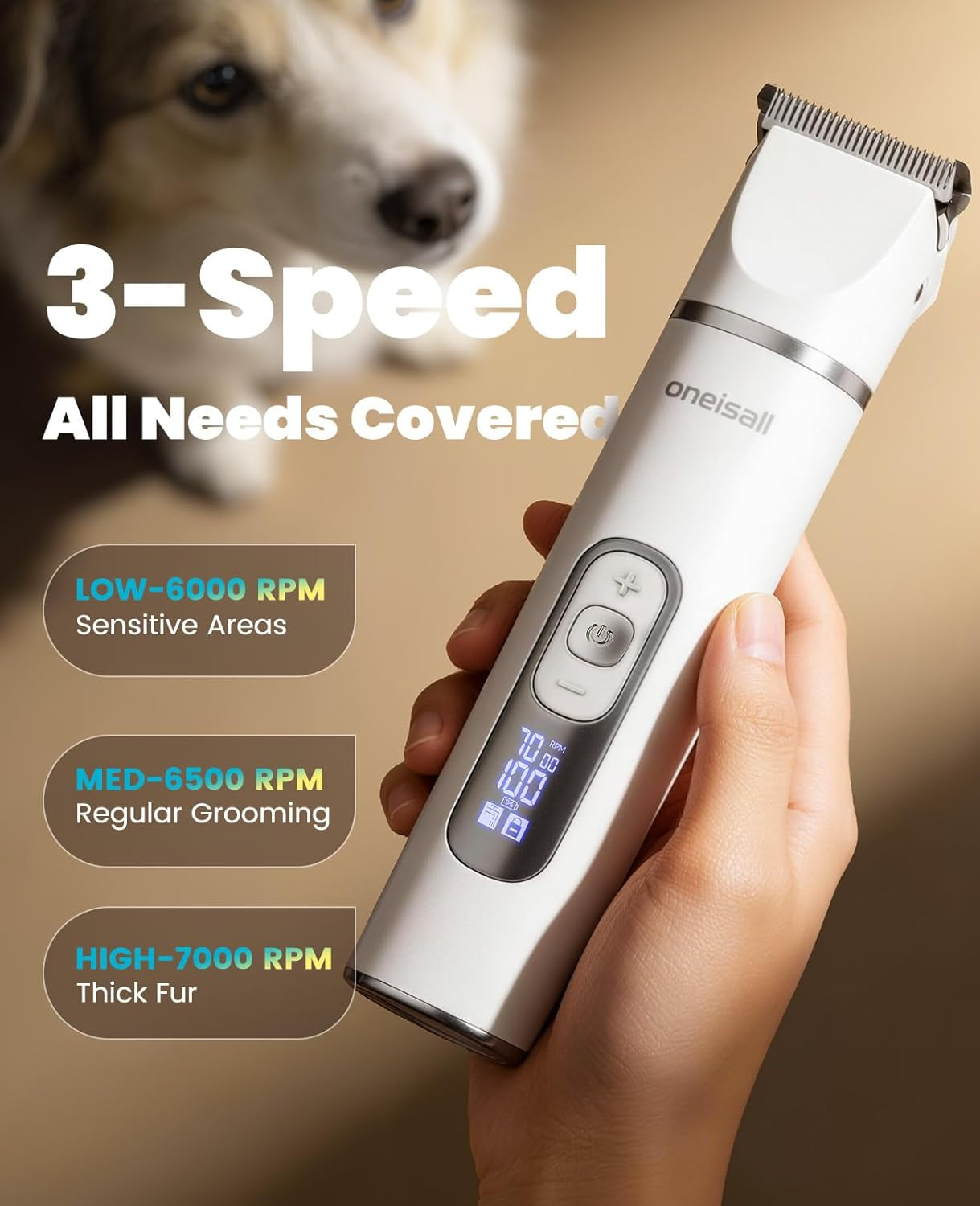 Oneisall 4 in 1 Dog Grooming Kit with LCD Display, Dog Hair Trimmer for Paw Nail Grinder, Rechargeable Cordless Low Noise IPX7 Waterproof Pet Clippers (White)