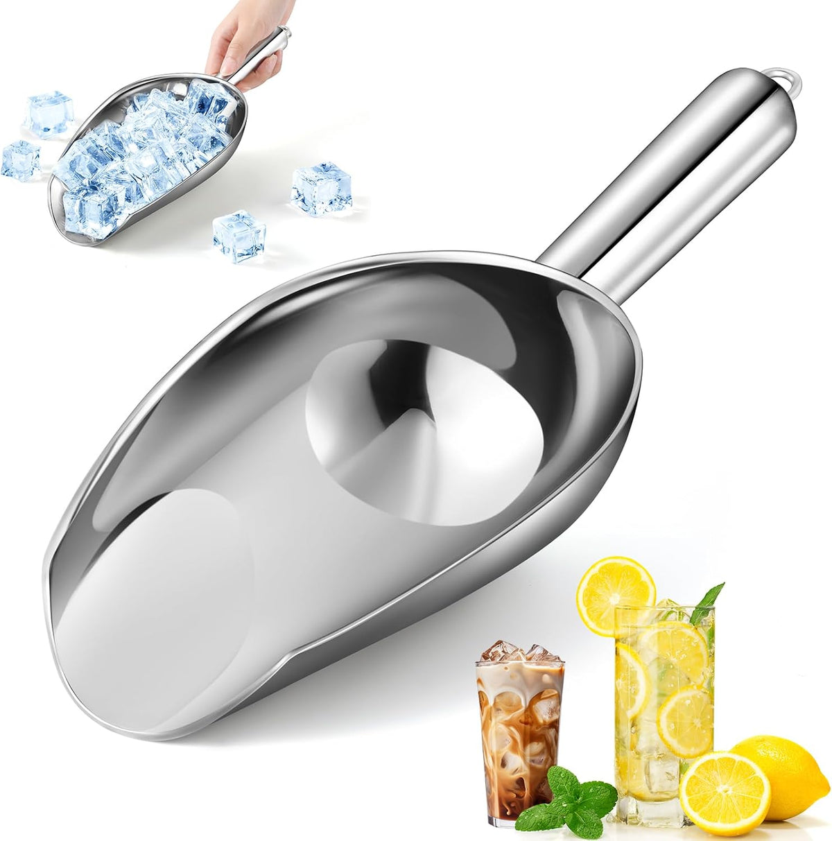 OLESBUR 12Oz Stainless Steel Ice Scoop for Freezer – Dishwasher Safe Metal Scooper with Long Handle for Ice Machines, Buckets, Dog Food, Flour, and Canisters – Ideal for Bar, Parties & Weddings