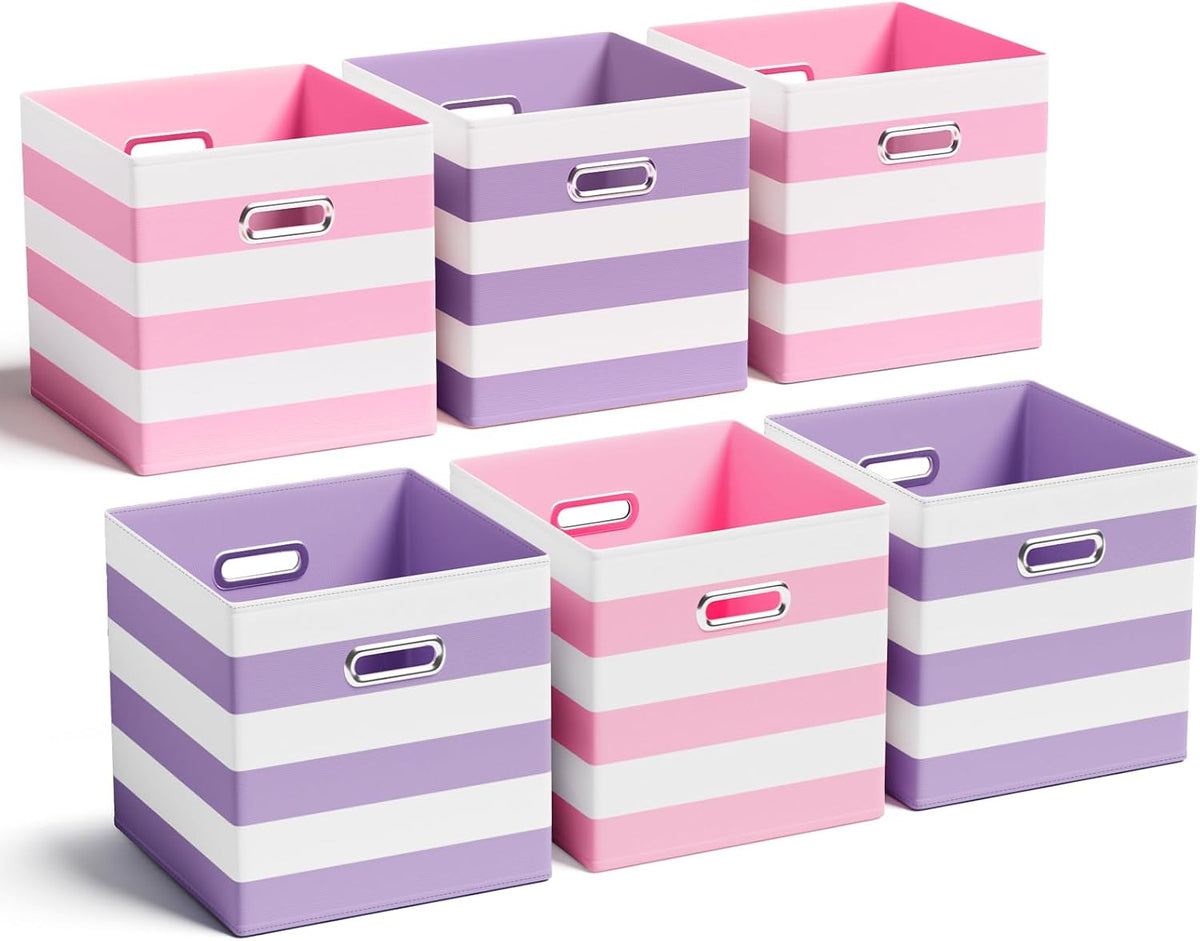 Croblissful 11 Inch 6 Pcs Fabric Storage Cubes with Handle, Purple and Pink
