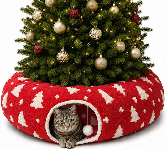 Christmas Tree Pattern Cat Tunnel Bed under Tree, Velvet Jacquard, 10"X3 Ft