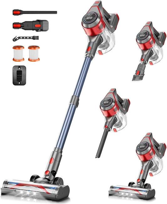 Cordless Vacuum Cleaner for Home - 40Kpa Stick Vacuum, 45Mins Runtime, Lightweight with Detachable Battery & LED Display, 8-In-1 Handheld Vacuum for Hardwood Floor, Carpets & Pet Hair, Red