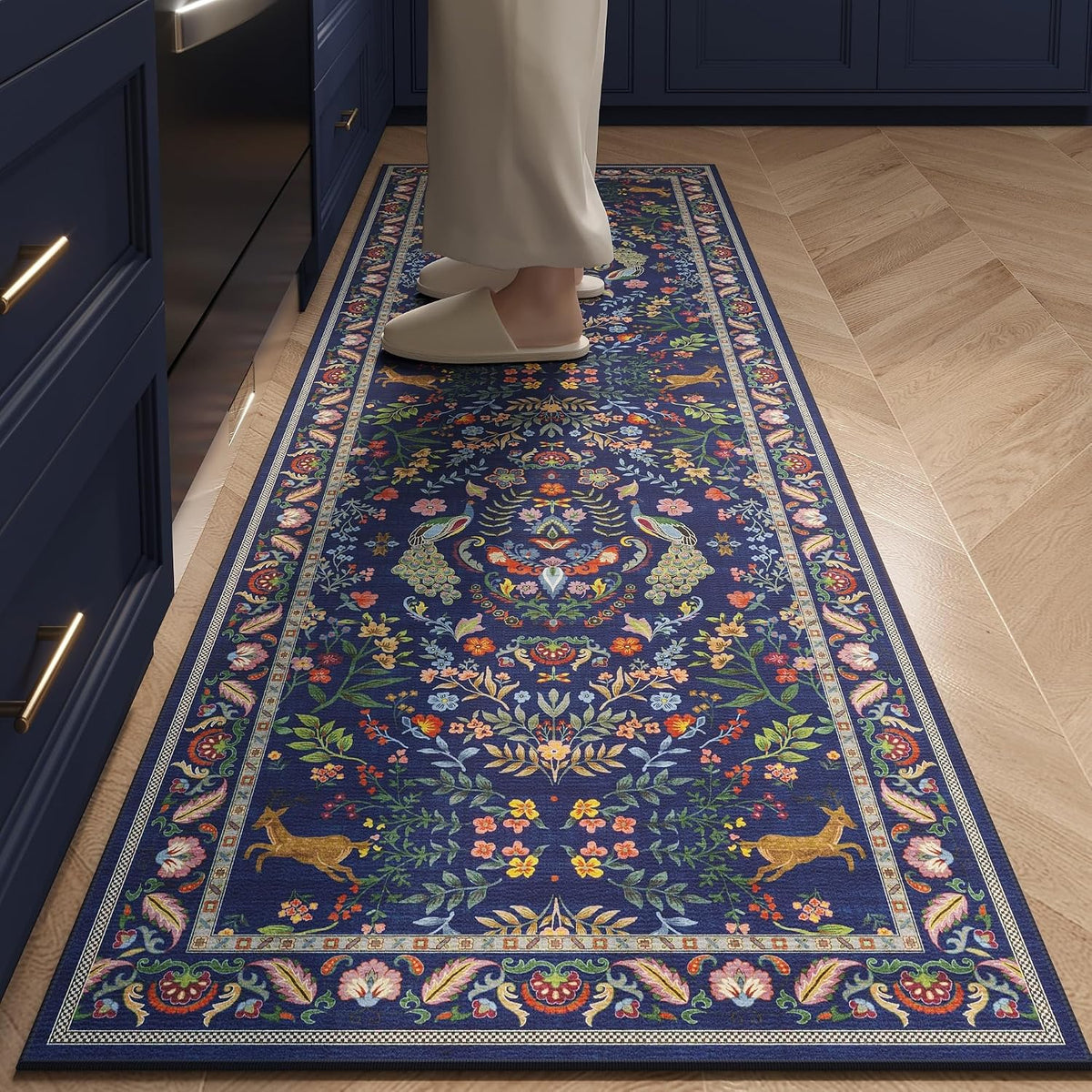 Rugcomf Runner Rug 2'7"X8' Floral Washable Non Slip, Blue