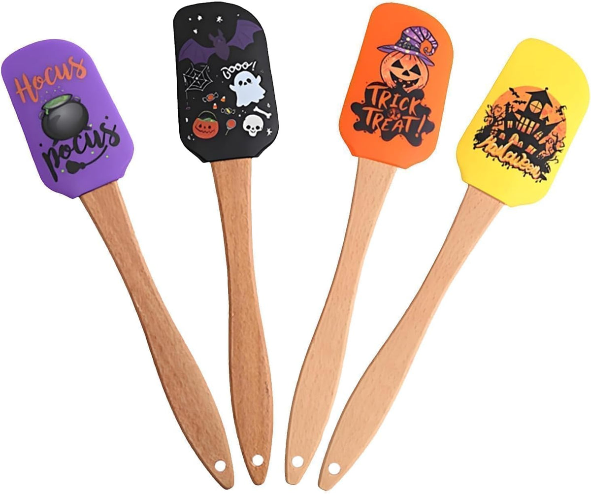 4PCS Halloween Silicone Baking Spatula Set,Non-Stick Cream Spatulas Fall Spatula,Halloween Scraper Baking Scraper with Wooden Handle Heat Resistant Kitchen Serving Utensils for Cooking and Mixing