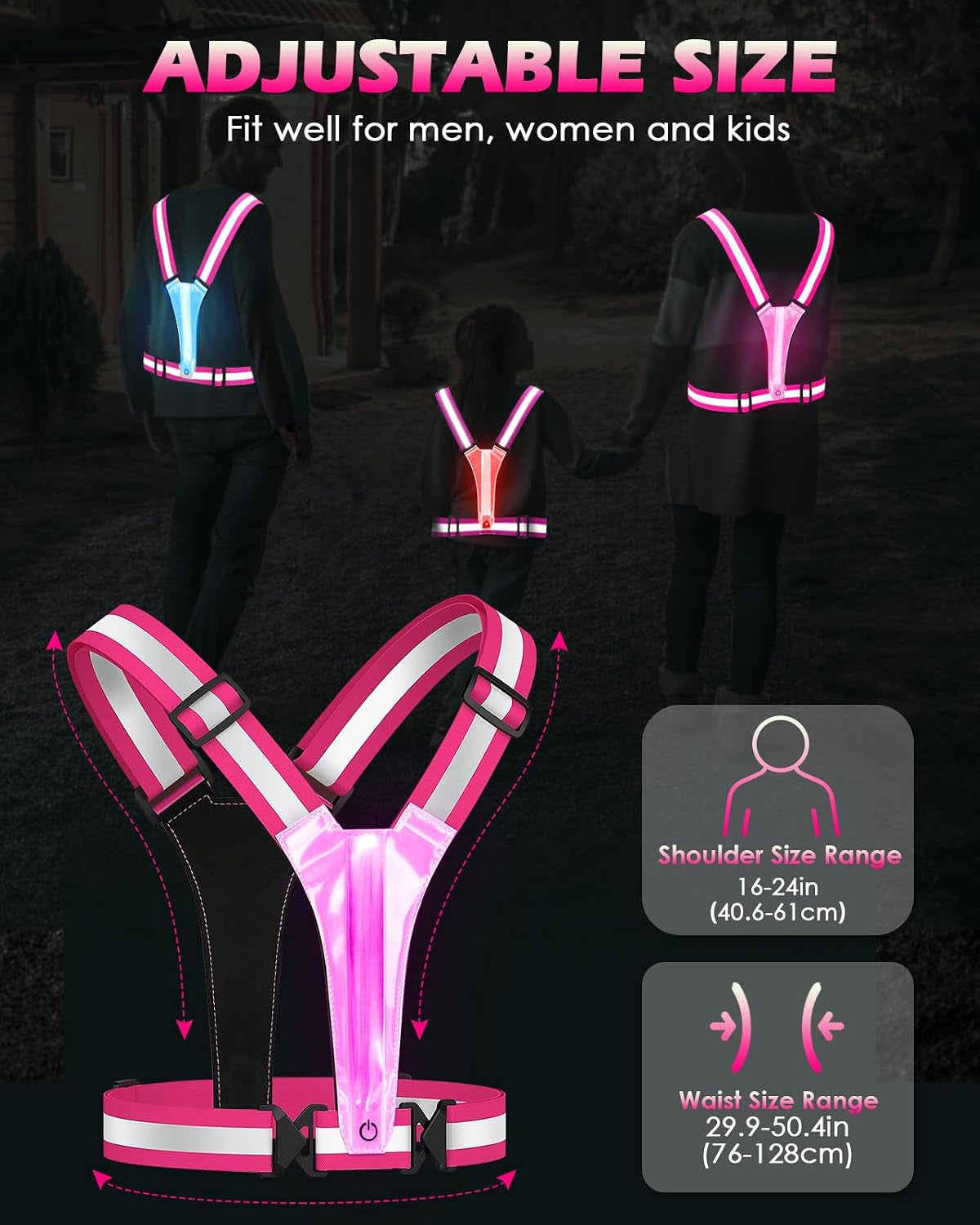Zacro LED Reflective Vest Running Gear, 5 Lights Colors High Visibility Reflective Running Gear Rechargeable Light up Running Vest for Walking Running Cycling, Adjustable for Men Women Kids