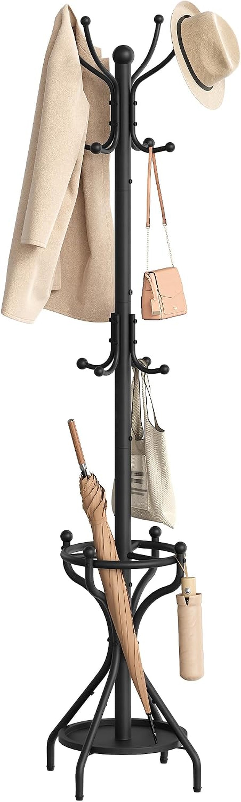 CHOEZON Freestanding Coat Rack with Umbrella Holder and 16 Hooks, Black