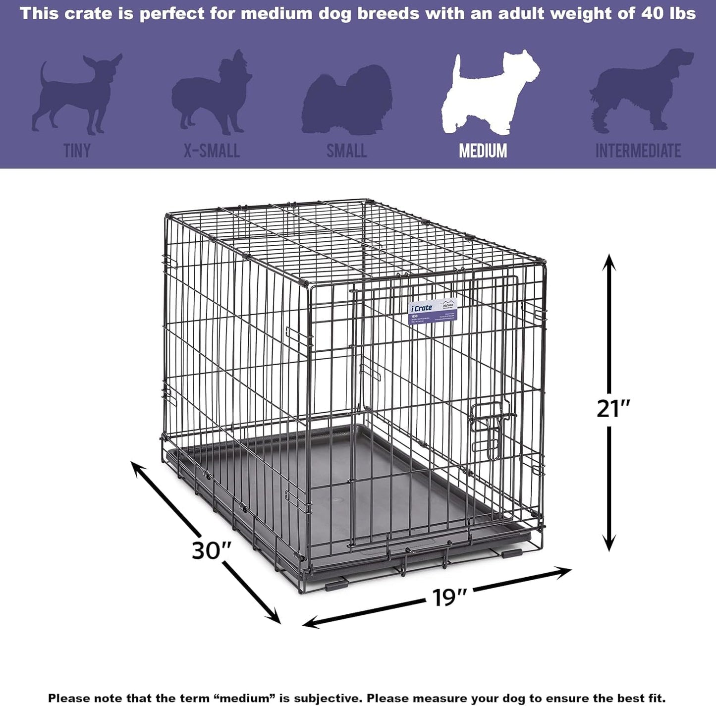 Midwest Homes for Pets 30-Inch Icrate for Medium Breeds, 21-40 Lbs, Single Door Folding Dog Crate with Divider Panel, Leak-Proof Tray & Secure Latch, Portable, Durable & Easy to Assemble