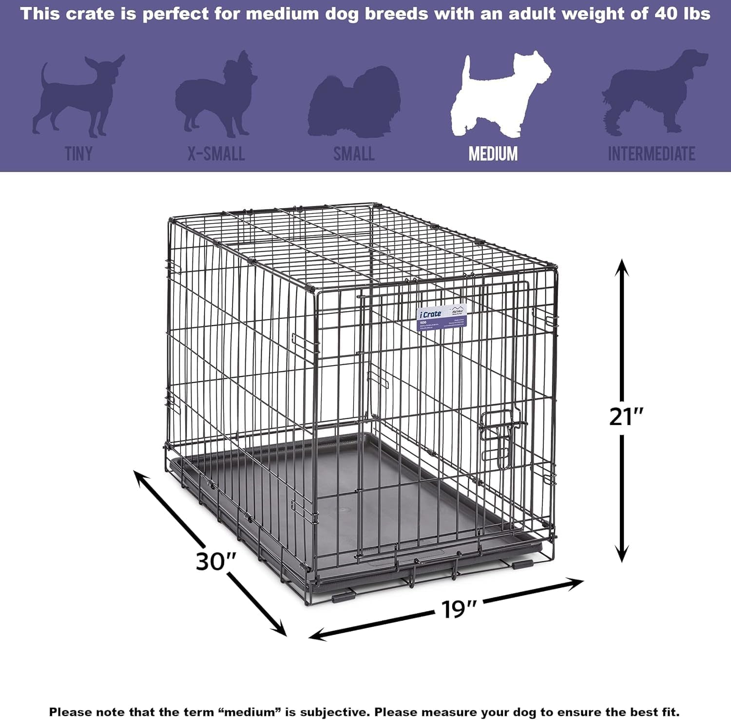 Midwest Homes for Pets 30-Inch Icrate for Medium Breeds, 21-40 Lbs, Single Door Folding Dog Crate with Divider Panel, Leak-Proof Tray & Secure Latch, Portable, Durable & Easy to Assemble