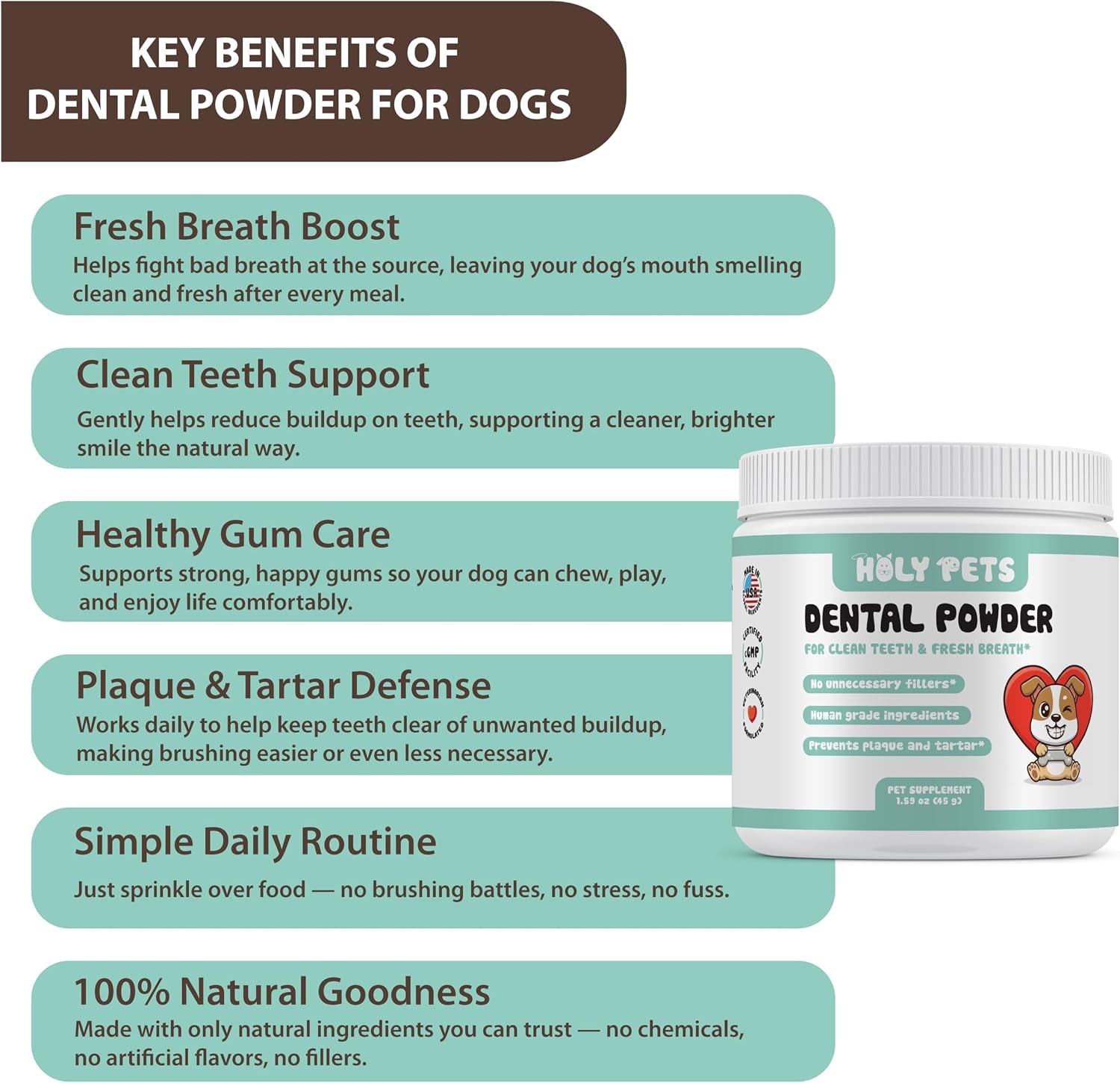 Dog Breath Freshener & Dental Powder for Teeth Cleaning – Plaque off and Tartar Support for Dogs with Natural Herbal Blend & Postbiotics for Total Canine Oral Care (45G)