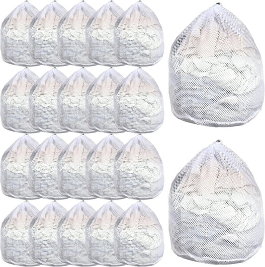 20 Pcs Mesh Laundry Bags Bulk with Drawstring 20 X 24'' White Heavy Duty Mesh Bag Machine Washable Sturdy Large Net Laundry Wash Bag for Dormitory College Apartment Travelling Camping