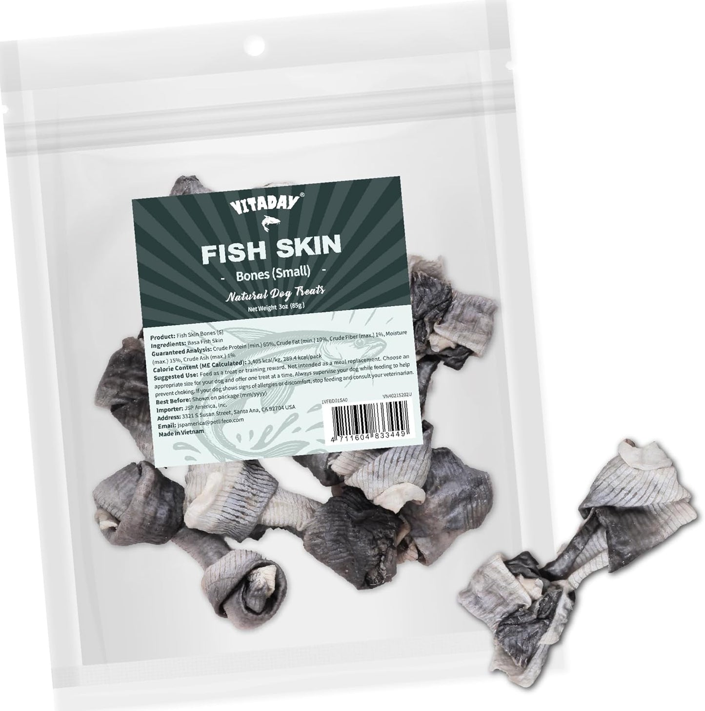VITADAY Dog Jerky, 100% Fish Skin Dog Treats, Tough Grain-Free Rawhide Alternative, Natural Dog Jerky Treats For, Rich in Collagen & Omega-3, Low Fat, Hypoallergenic, 3 Oz Pack, Bones (S)