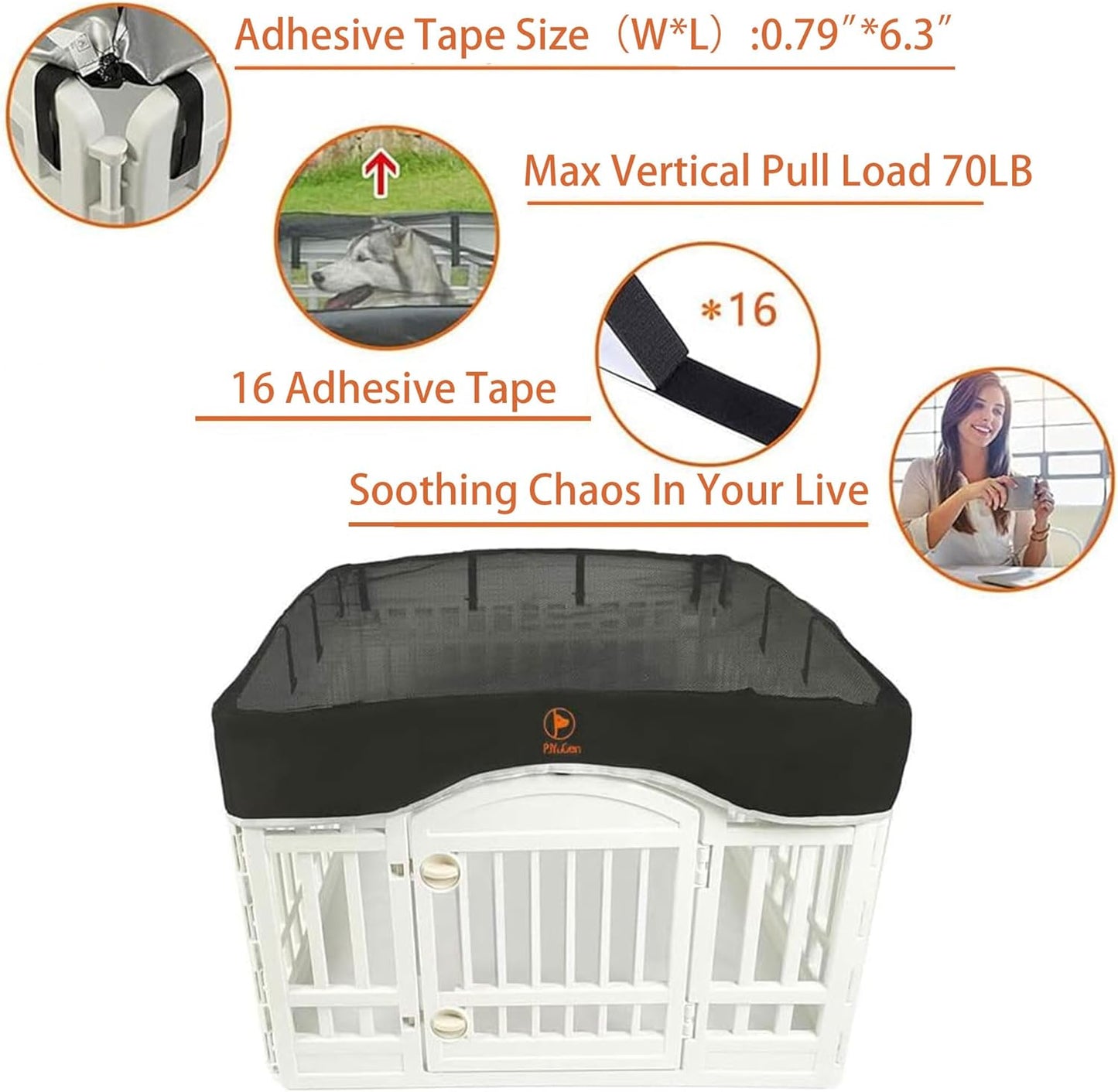 Pjyucien Dog Playpen Mesh Top Cover, Fits 36 Inch 4 Panels Regular Square Plastic Exercise Pet Pen, Adhesive Tape Connections, Black (Note: Cover Only, Fence Not Included)