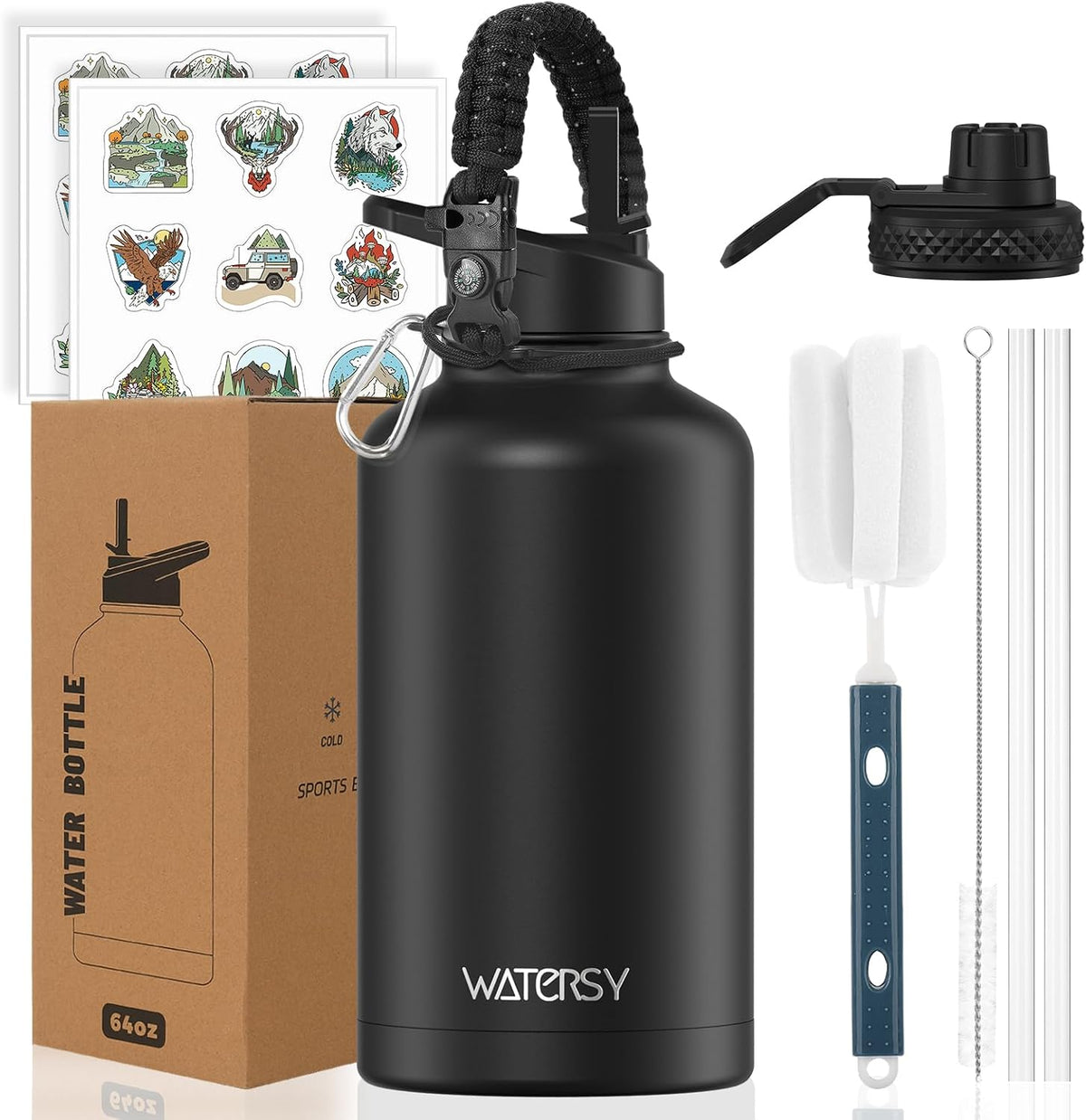 64 Oz Water Bottle with Straw & 2 Lids - BPA Free, Half Gallon Insulated Stainless Steel Water Jug with Handle - Large Leak Proof Sports Hydration Bottle for Gym, Hiking, Outdoor, Black