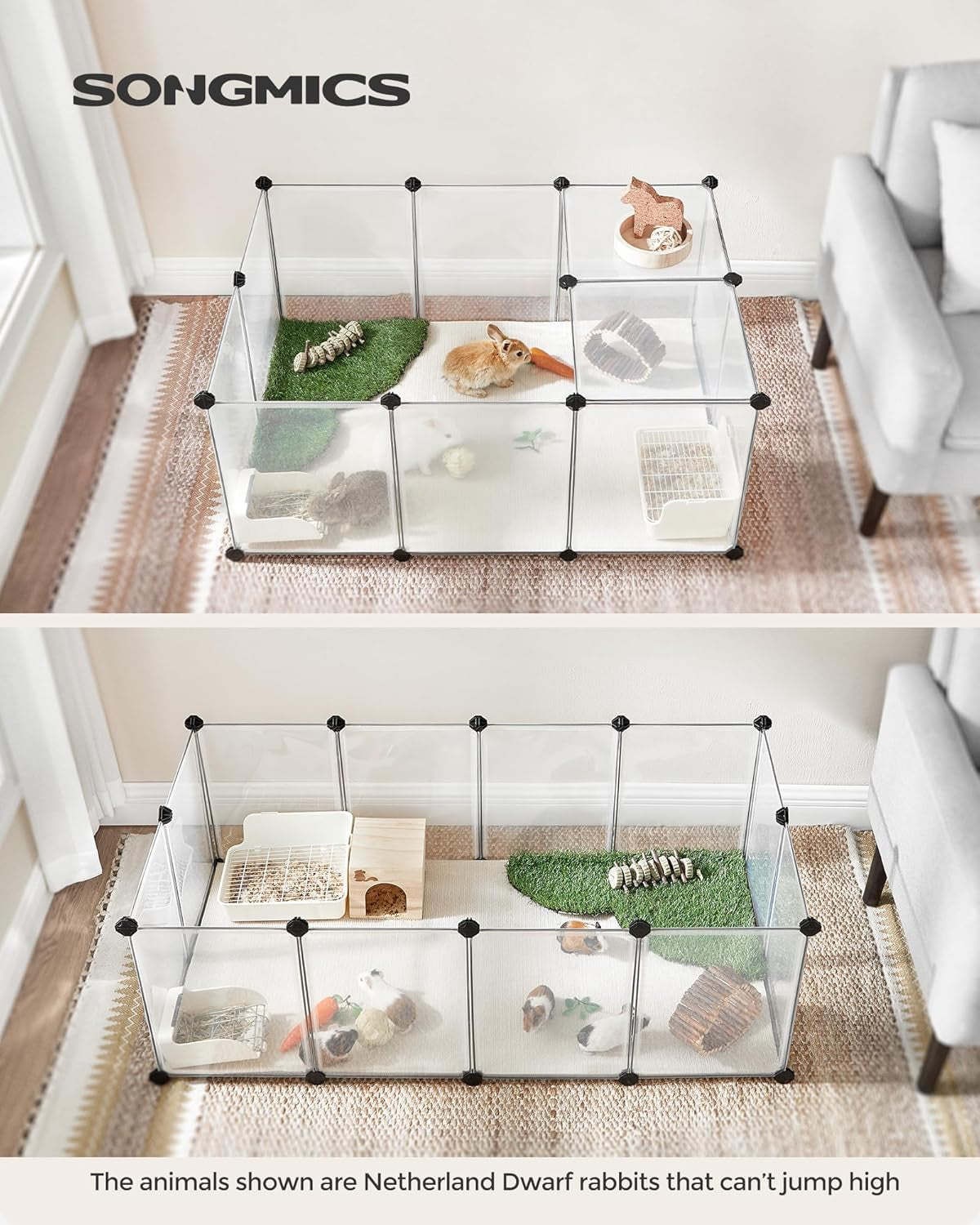 SONGMICS 20 Panels Pet Playpen with Floor, Small Animal Playpen, Pet Fence Indoor, DIY Plastic Enclosure for Guinea Pigs, Bunny, Hamsters, Hedgehogs, 49.2 X 24.8 X 16.5 Inches, White ULPC001W01