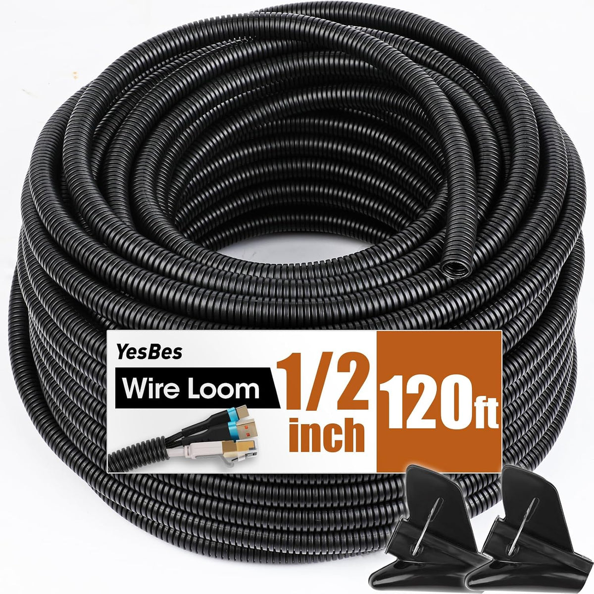 120 FT Wire Loom 1/2 Inch, Split Wire Loom Tubing Wire Conduit, Wire Protector Tubing – Black
