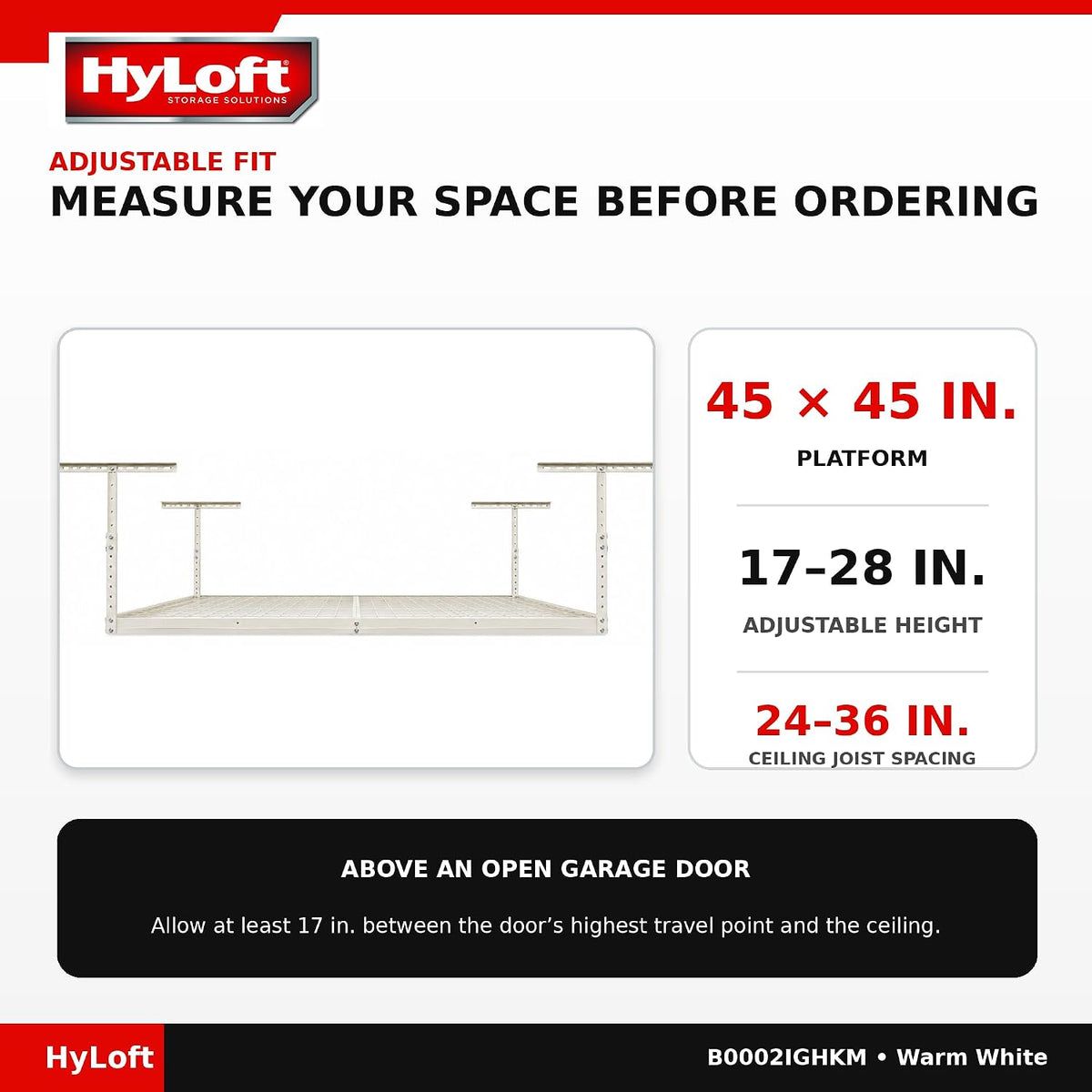 Hyloft Overhead Adjustable Garage Storage Rack,Heavy Duty Steel Garage Storage System, 45-Inch X 45-Inch, White