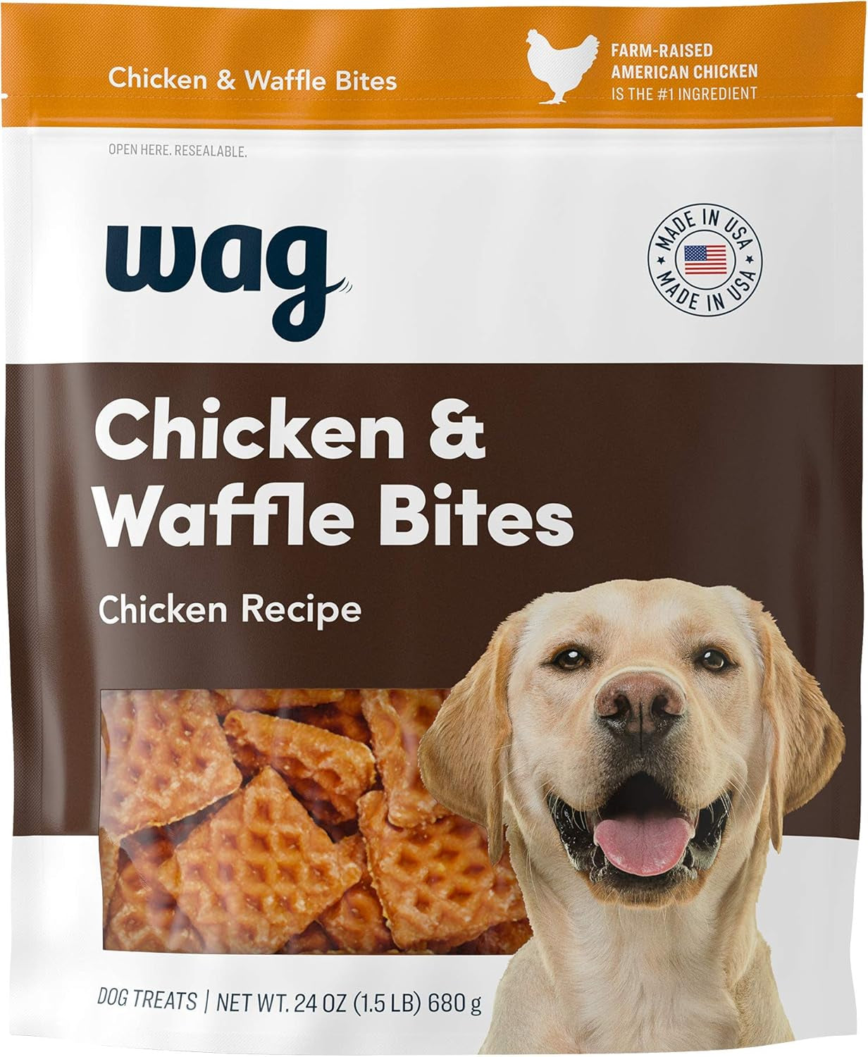 Amazon Brand - Wag Dog Treats, Chicken and Waffle Bites, 24 Oz Resealable Pack of 1