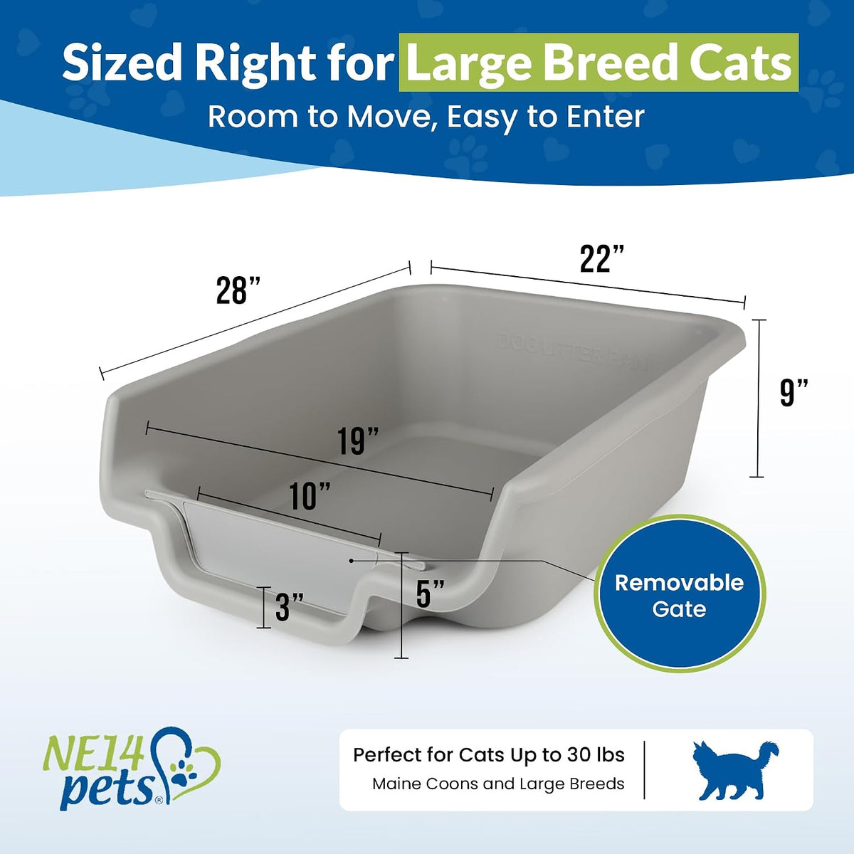 Kittygohere Senior Cat Litter Box Jumbo Low Entry Open Top, Misty Gray