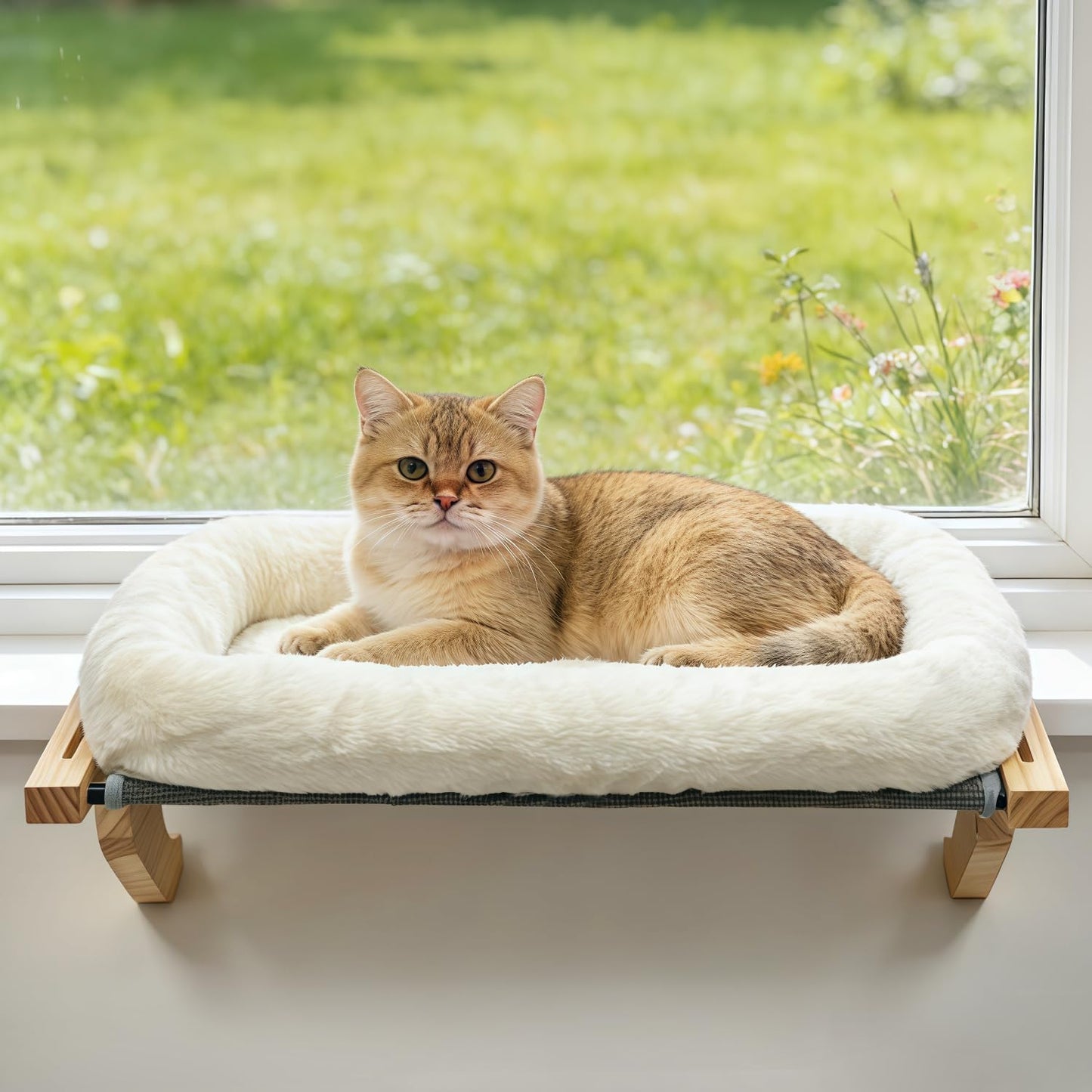 AMOSIJOY Cat Sill Window Perch Sturdy Hammock Window Seat with Cushion Bed Cover, Wood & Metal Frame for Large Cats, Easy to Adjust Cat Bed for Windowsill, Bedside, Drawer and Cabinet(Cushion Bed)