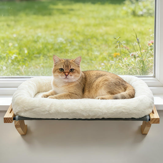 AMOSIJOY Cat Sill Window Perch Sturdy Hammock Window Seat with Cushion Bed Cover, Wood & Metal Frame for Large Cats, Easy to Adjust Cat Bed for Windowsill, Bedside, Drawer and Cabinet(Cushion Bed)