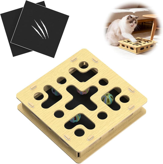 Cat Nail File Box with Sandpaper Pads & 4 Bell Balls, Sturdy Wood Self-Grooming Scratcher for Treat-Motivated Cats, Interactive Cat Scratch Puzzle Enrichment Box (Yellow-3 Pads)